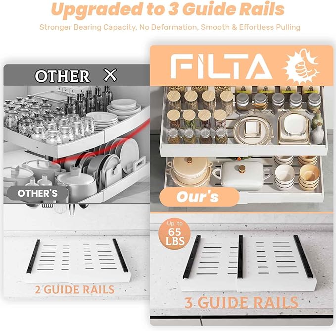 FILTA 2Pack Expandable Pull-Out Cabinet Organizer 21" Deep Slide Out Drawers, Upgrade 3 Slide Rails, Adjustable Width 12.4”-20.4”, With Screws and Nano Film Adhesive, White