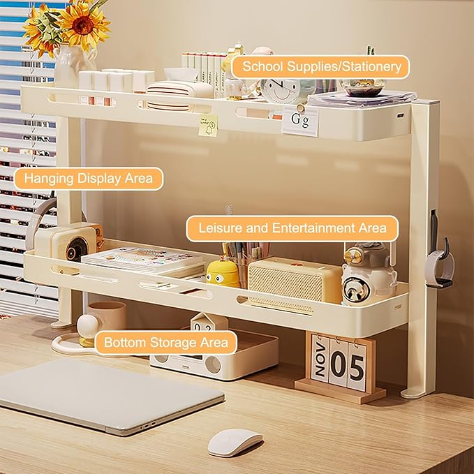 JHDXL Clamp On Desk Organizer Shelf, Rotatable Height Adjustable Over or Under Desk Storage Shelves, Vertical Storage for Small Desks, Home Office, Dorm, Makeup Vanity(White,46cm/18.1in)
