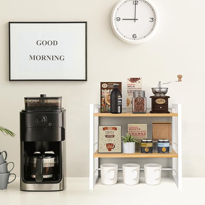Office Desk Shelf Organizer, Wood Desktop Bookshelf Supplies Storage Rack, Shelf for Top of Desk and Dresser (White-2 Tier)