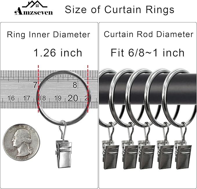 AMZSEVEN 40 Pack Curtain Rings with Clips, Drapery Clips with Rings, Drapes Rings 1.26 in Interior Diameter, Fits up to 1 Inch Curtain Rod, Silver