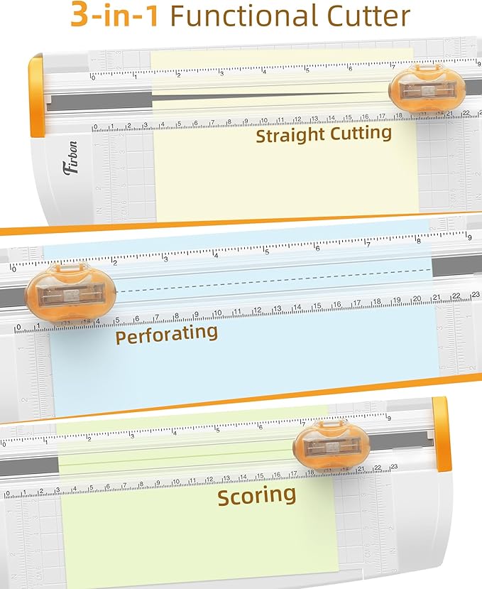 Firbon 3-in-1 Paper Cutter, 9" Compact A5 Paper Trimmer with Straight Cut, Scoring & Perforating Blades for Cardstock, Scrapbooking, Crafting, Labels & Home Office (Orange)