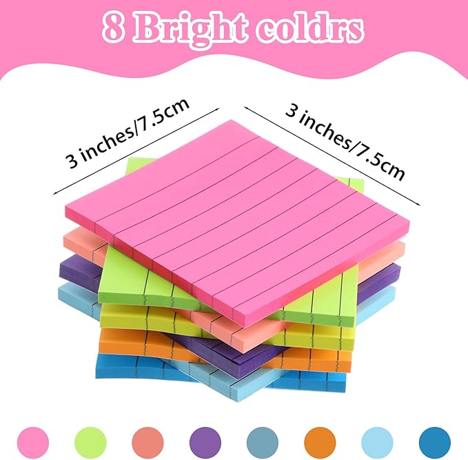 72 Pack Lined Sticky Notes 3x3 in Bright Ruled Post Stickies Colorful Super Sticking Ruled Stickies Multi Colors Sticky Notes with Lines Self-Stick Note Pads Bright Colors for School Office Meeting