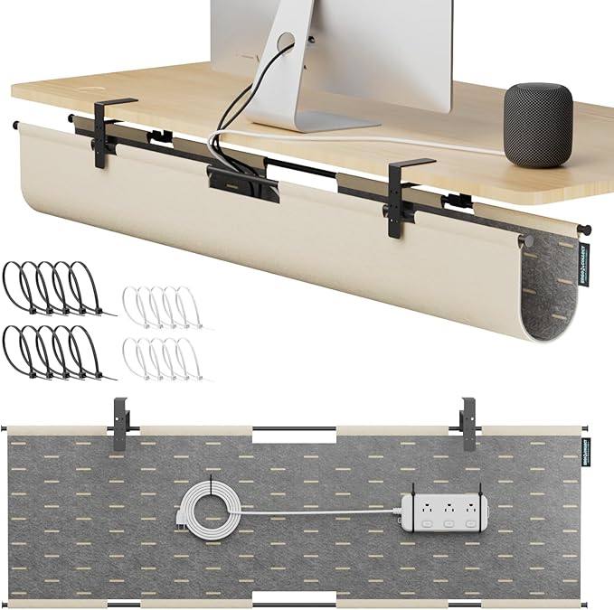 2-in-1 Under Desk Cable Management Tray & Privacy Panel, Dual-Sided Felt Cord Organizer to Hide Wires and Clutter, Desk Mount Cord Holder for Office and Home, Clamp or Screw Mount (Khaki/Gray, 45")