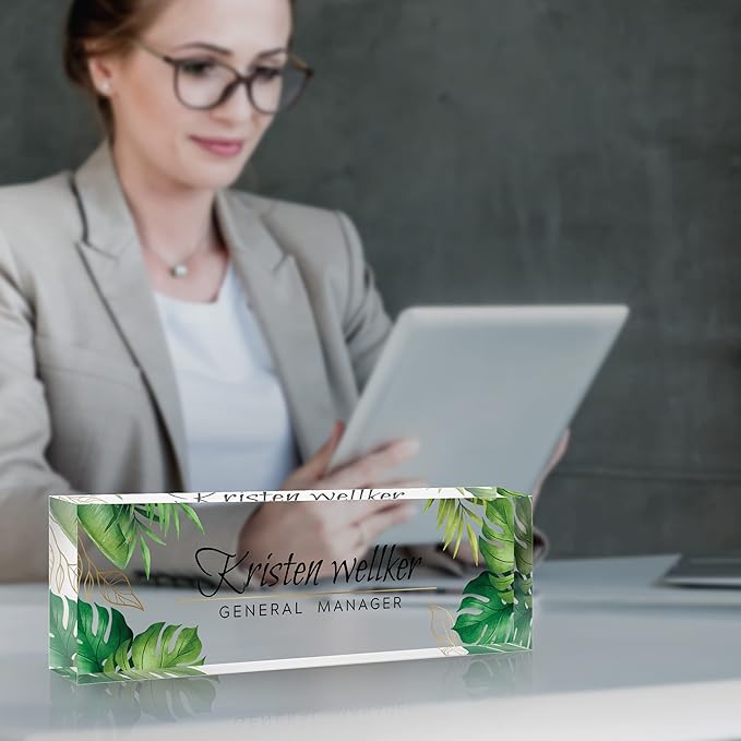 Desk Name Plate Personalized, Premium Clear Acrylic Desk Name Plate, Personalized Name Plate for Desk, Office Decor for Women or Men Coworkers, Boss, Employee, Teacher, Social Worker(Green Monstera)