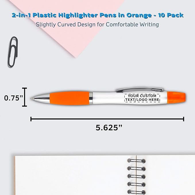 DISCOUNT PROMOS Personalized Plastic Highlighter Pens - 10 pack - Customizable Text, Logo - Orange