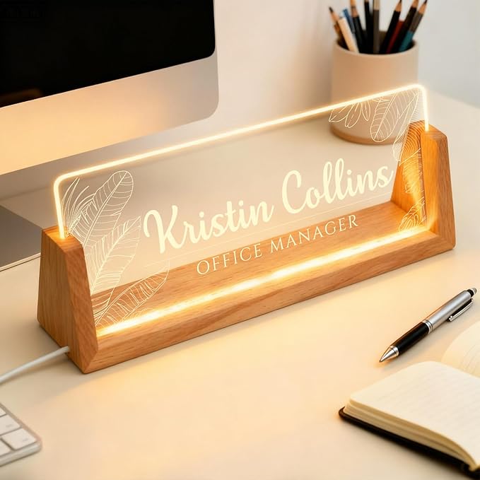 Personalized LED Name Plate for Desk, Light Up Acrylic Office Decor Desk Name Plate with Wooden Base, Custom Name Logo Quote, Appreciation Gifts for Boss Coworkers Employee Women Men (Jungle)