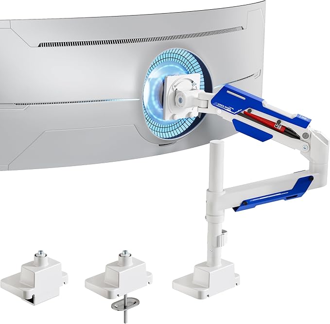 ARES WING CoreArm Single Monitor Mount, Ultrawide Monitor Arm for 24 to 57'' Heavy Duty Curved Screen, Adjustable Gas Spring Monitors Arm Stand up to 66LBS with 75/100/200 Vesa Mount, White