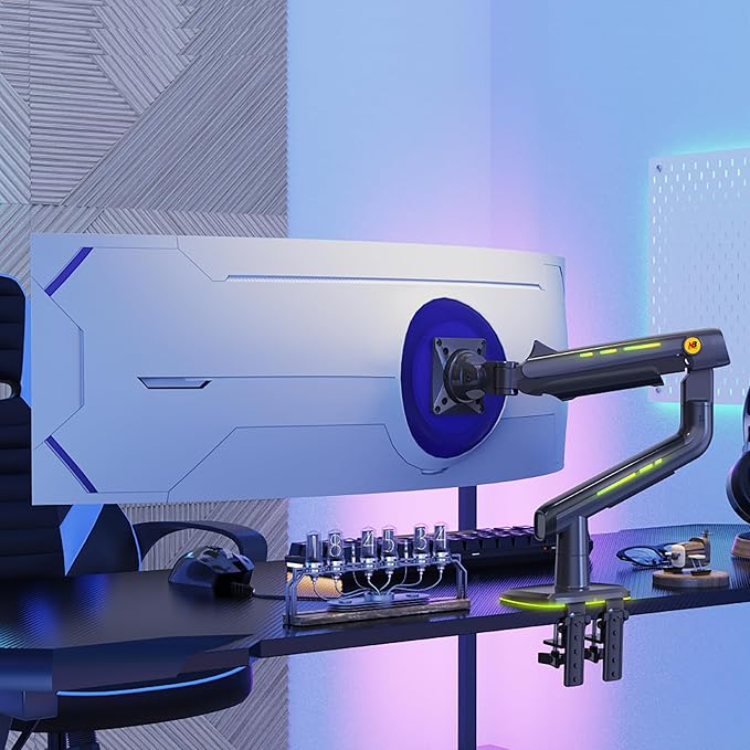 NB Gaming Monitor Arm for Screen up to 60 inches, Holds 44 lbs(20 kg), VESA 75/100, RGB Light, Heavy Duty Monitor Stand, Aluminum Ultrawide Screen Mount Height Angle Adjustable Grey Black