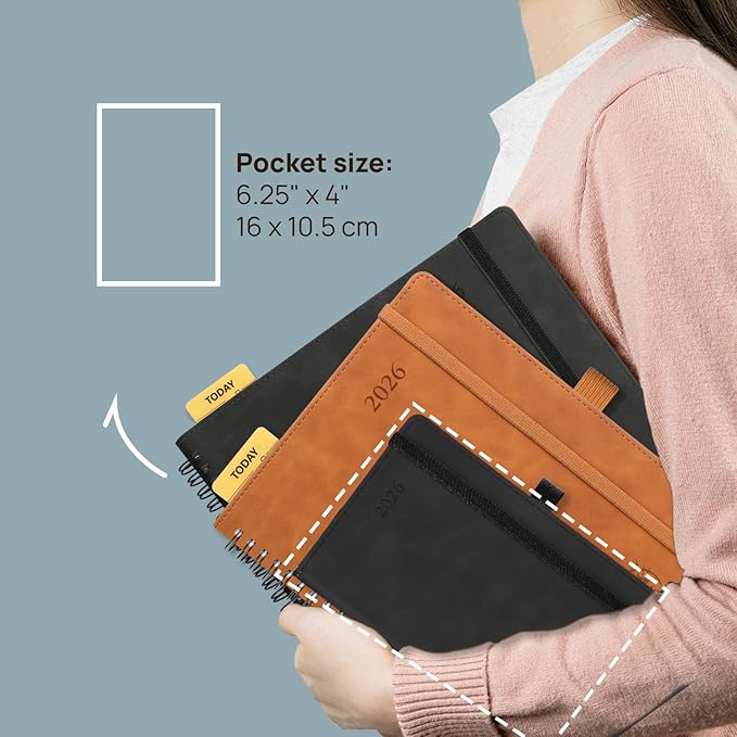 POPRUN Weekly Planner 2026 Pocket Size Calendar (4" x 6.25") 12 Months Notebook with Horizontal Layout, Leather Soft Cover, Inner Pocket, 100GSM Thick Paper, Pen Holder - Claret