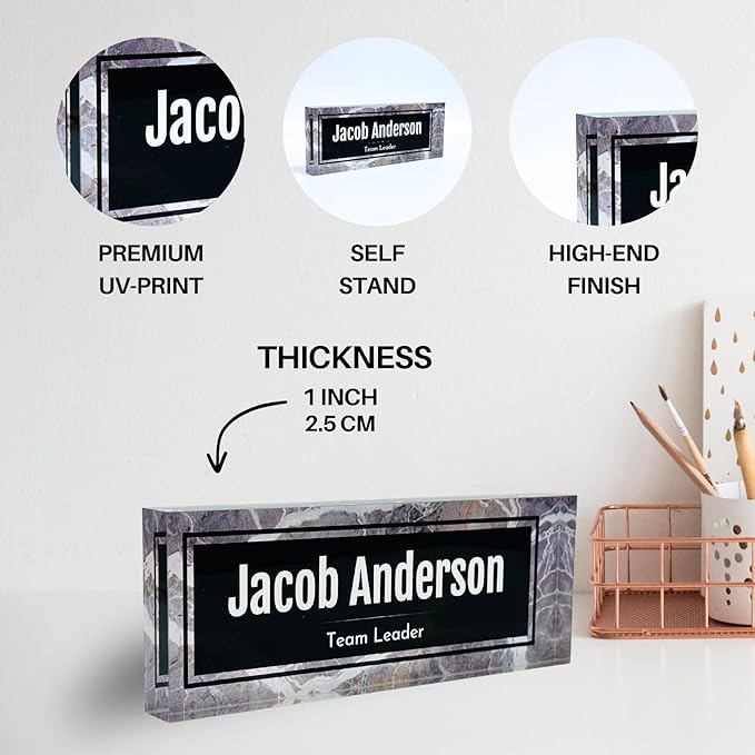 Customized Clear Acrylic Thick 8x3" Desk Name Plate Block with Personalized Logo - Professional Office Decor - Customized Acrylic Plate Gift for Teacher Co-workers, Christmas Gifts for Her, Thanksgiving Gifts (Black-White Marble)