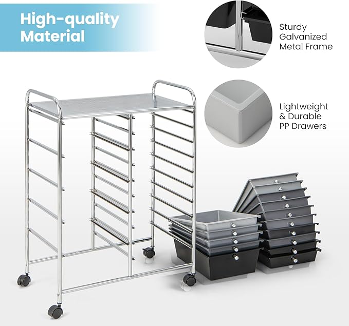 ARLIME 15-Drawer Storage Cart, Grey, Metal and Plastic Frame, Polypropylene Boxes, Rolling Organizer for Office and School
