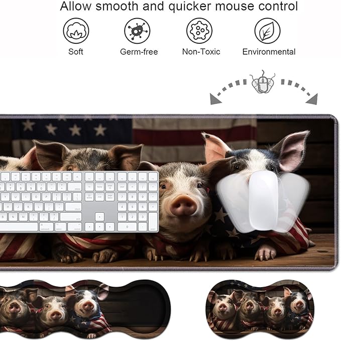 Ergonomic Keyboard Wrist Rest & Mouse Pad Wrist Rest Set, Large XXL Gaming Desk Mat 31.5"x 11.8" with Memory Foam, Easy Typing Pain Relief for Office & Home, Funny Piggy Wrapped in American Flag
