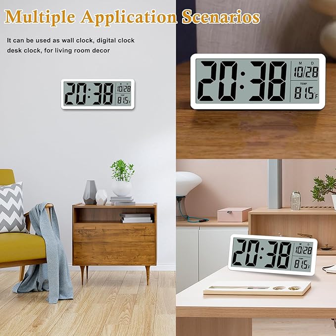 8.5" Modern Digital Wall Clock, Battery Operated, White, Simple LCD Display with Temperature/Date/Time - 12/24H, Small Digital Clock for Bedroom, Living Room Decor