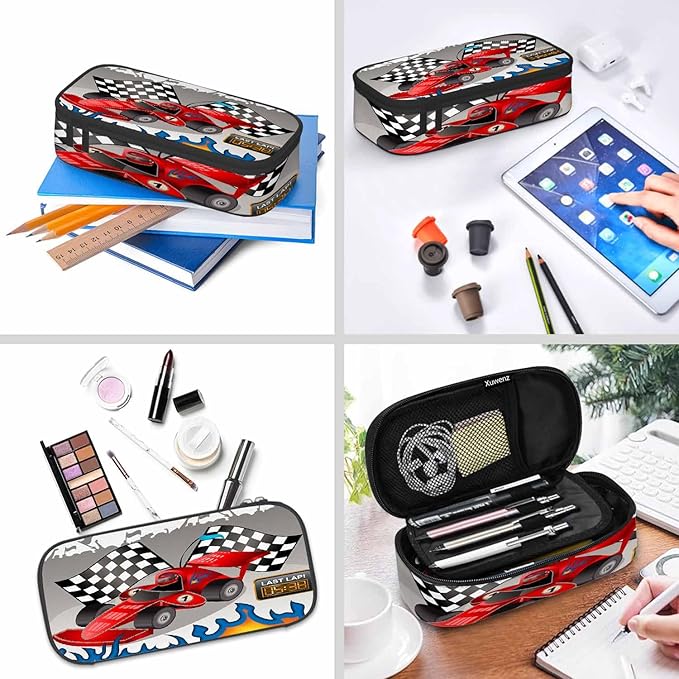 Racing Car Pencil Holder Bag Flames Cool Red Gray Pencil Case College Office School for Teens Boy Girl