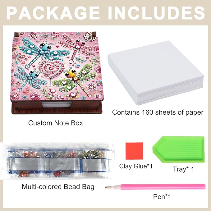 Wooden DIY Dragonfly Diamond Art Notecard Box – DIY Gem Art Sticky Note Holder for Adults 160 Sheets Memo Pad Storage