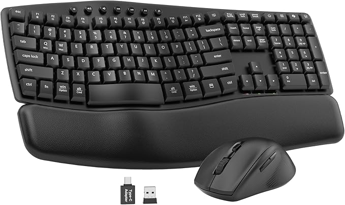 Ergonomic Wireless Keyboard and Mouse Combo, 30dB Quiet Full Size Keyboard Set with Wave Keys & Soft Palm Rest, Dual-System Switch for Windows/Mac, Ideal for Business Teams Home Office—Sablute