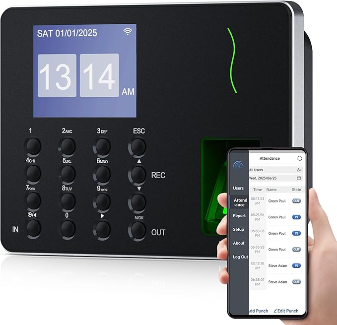 NGTeco APP-Based Time Clock, Fingerprint & PIN Time Clocks for Employees Small Business, 2.4GHz WiFi Biometric Clock in Machine for Employees with APP for iOS Android, No Monthly Fee