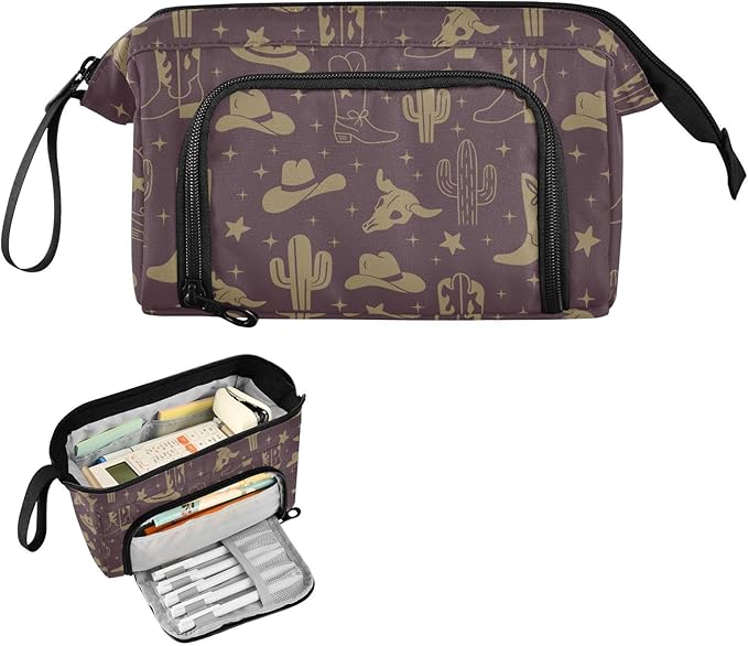 Western Cowboy Dark Brown Pencil Case Pouch Big Capacity Pencil Bag Box Organizer Pen Case with Zipper Pencil Boxes for Girls Boys Adults Women School Office