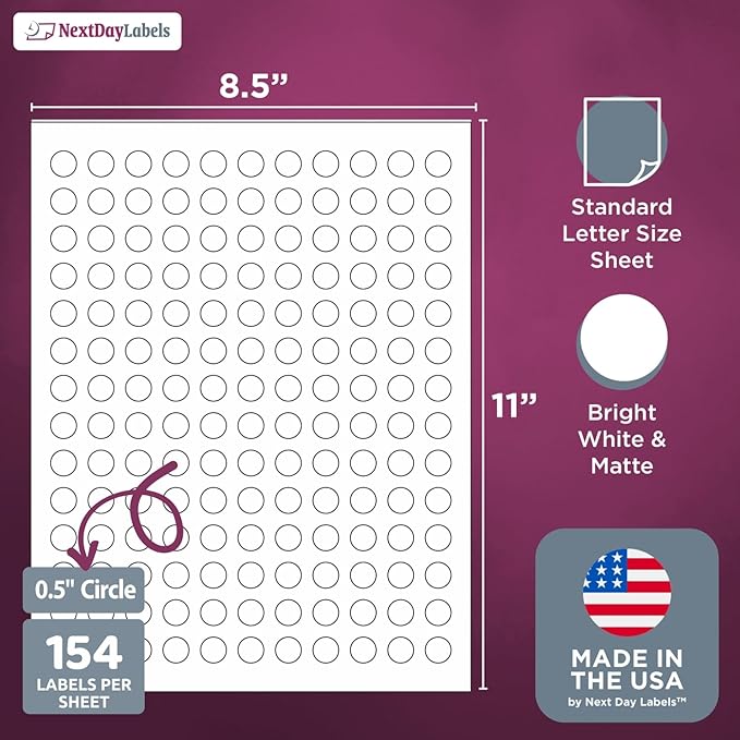 NextDayLabels – 1/2" Circle Rectangle Sticker Labels for Printer - White Laser/Inkjet Printer Labels Return Address Labels Shipping Label Stickers (100 Sheets, 154 Per Sheet, 15400 Labels)