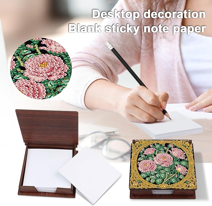 Wooden DIY Rose Diamond Art Notecard Box – DIY Gem Art Sticky Note Holder for Adults 160 Sheets Memo Pad Storage Desk