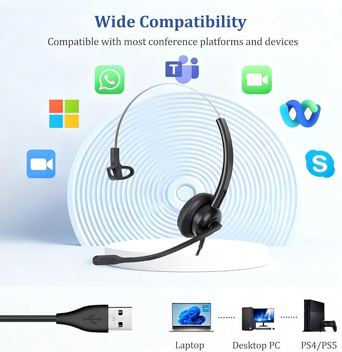Xintronics USB Headset with Mic, Wired Computer Headphones with Microphone Noise Cancelling & in-line Controls for PC Mac Laptop Work from Home Call Center Skype Webinar
