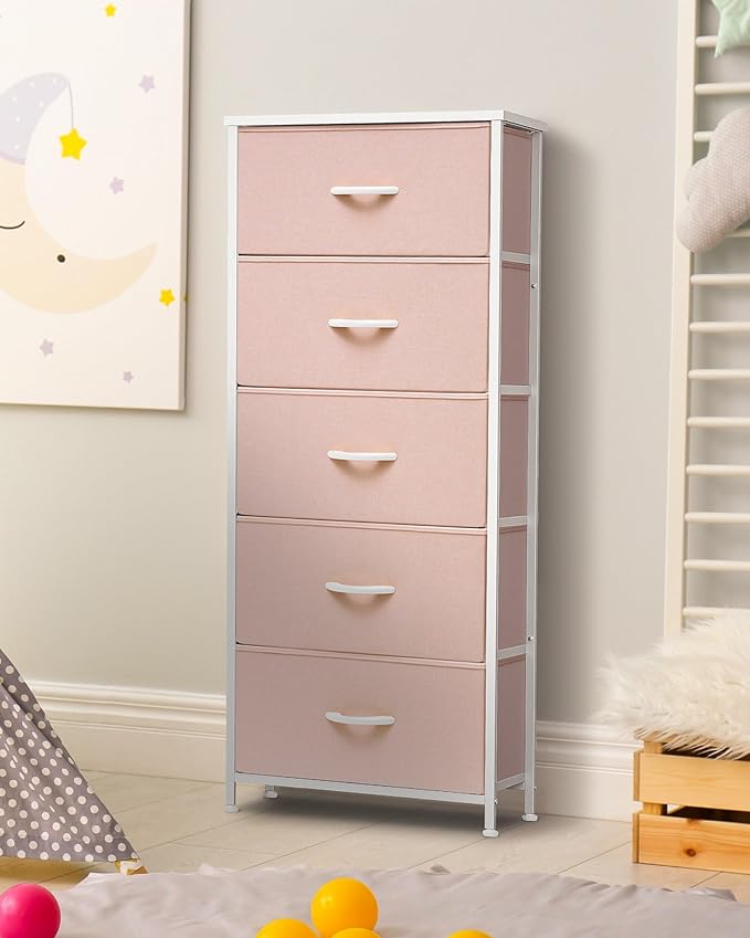 Crestlive Products Tall Dresser for Girls Bedroom, Chest of 5 Drawers, Fabric Storage Tower, Clothing Organizer for Bedroom, Hallway, Entryway, Closets, Nursery(Pink)