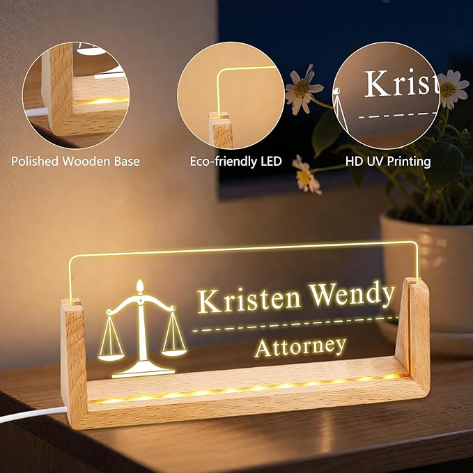 Ships Next Day, Custom Name Plate for Desk - The Lawyer Business Light Up Acrylic Desk Name Plate Personalized Lawyer Office Appreciation Gifts, Office Decor for Women Men