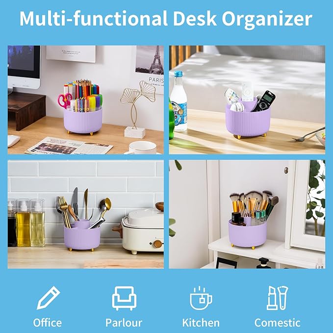 Marbrasse Desk Organizer, 360-Degree Rotating Pen Holder, Desk Organizers and Accessories with 5 Compartments Pencil Holder, Art Supply Storage Box Caddy for Office, Home（Purple）