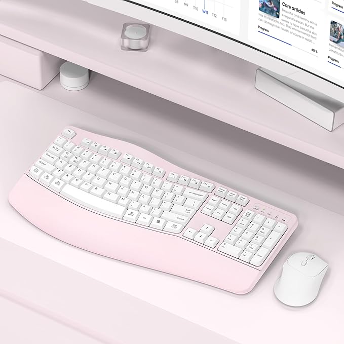 Ergonomic Wireless Keyboard and Mouse Combo, Wave Keys Keyboard with Wrist Rest for Natural Typing, 3 DPI Adjustable Ergonomic Silent Mouse for Computer/Laptop/Windows/Mac (Pink)