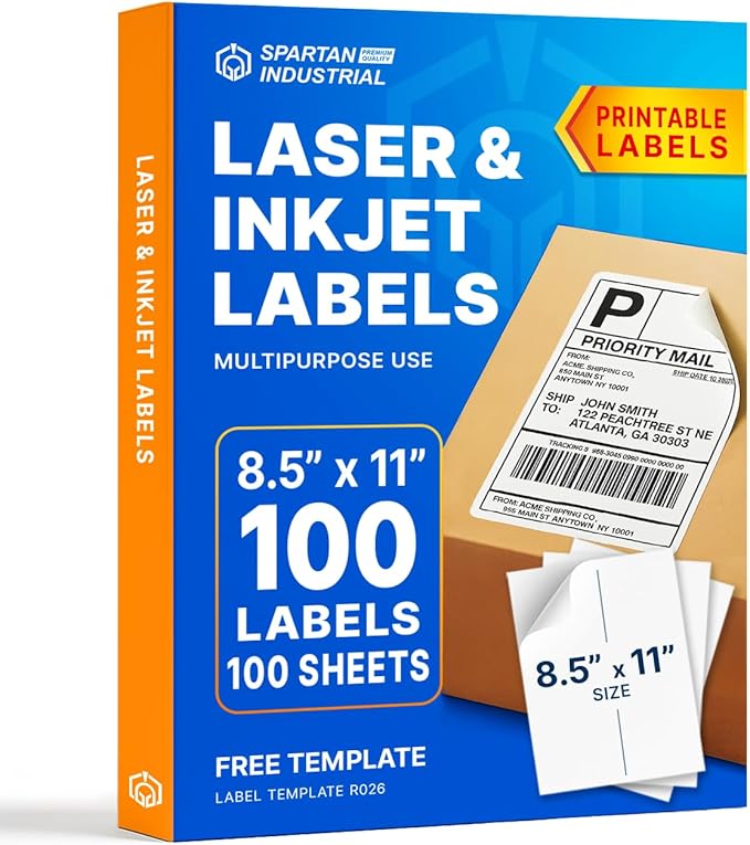 8.5" X 11" Full-Sheet Printable Labels for Inkjet and Laser Printers - 100 Sheets, 100 Custom Stickers for Shipping Labels, Mailing, Personalized Stickers for Crafts - Spartan Industrial Template R026