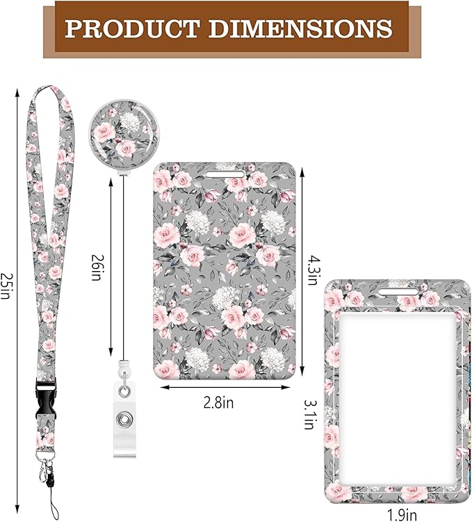 BLOCIT ID Badge Holder with Lanyard and Retractable Badge Reel Clip, Cute Card Name Tag Lanyard Vertical ID Protector Bage Clips for Nurse Doctor Teacher Student（Gray Pink Roses Flower）