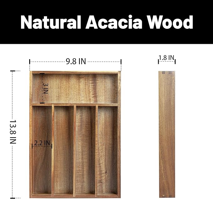 Acacia Wood Silverware Organizer, Kitchen Utensil Drawer Organizer for Forks, Knives & Spoons, 5-Compartment Cutlery Tray, Flatware Holder