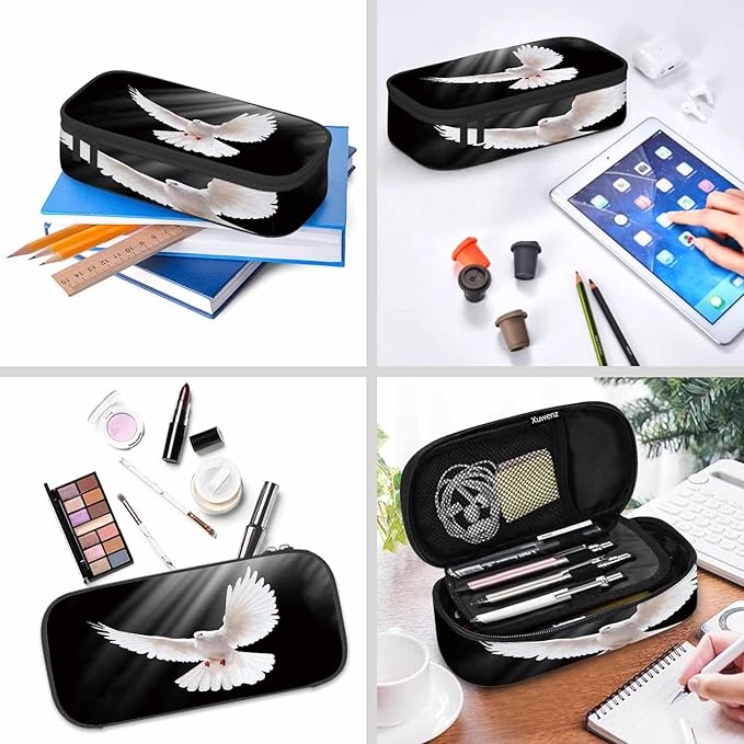 White Dove Pencil Bag Peace Love Sunshine Black Big Capacity Pencil Case Pencil Pouch Pen Bag School Students Boy Girl
