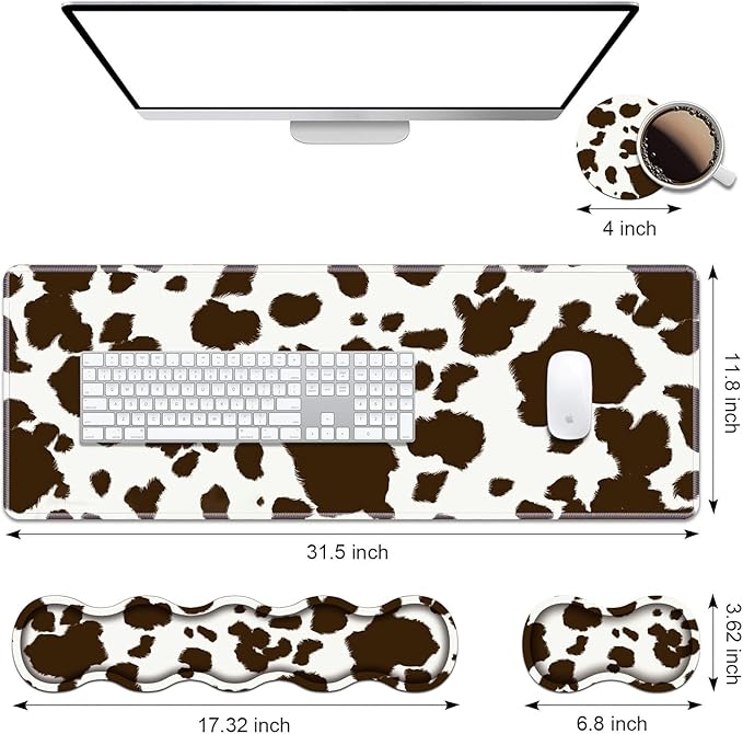 Ergonomic Keyboard Wrist Rest & Mouse Pad Wrist Rest Set, Large XXL Gaming Desk Mat 31.5"x 11.8" with Memory Foam, Easy Typing Pain Relief for Office & Home, Cow Print