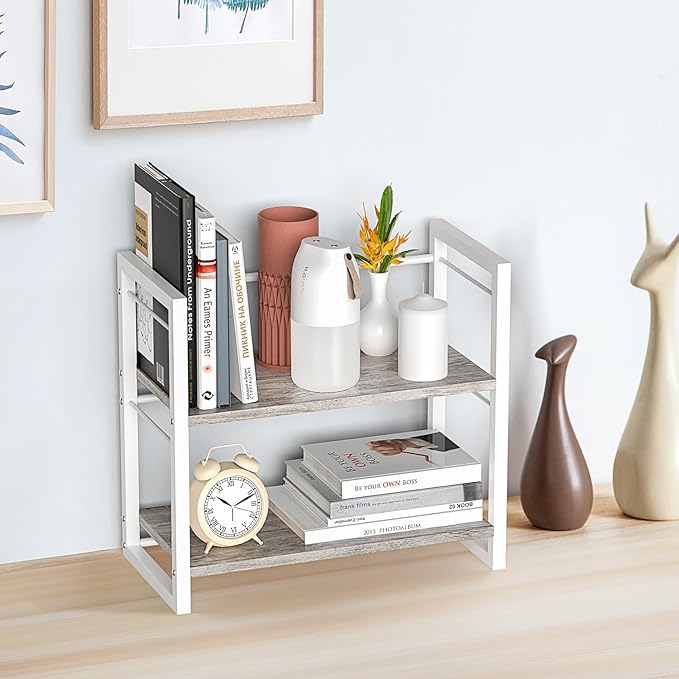 Office Desk Shelf Organizer, Wood Desktop Bookshelf Supplies Storage Rack, Shelf for Top of Desk and Dresser (Grey-2 Tier)