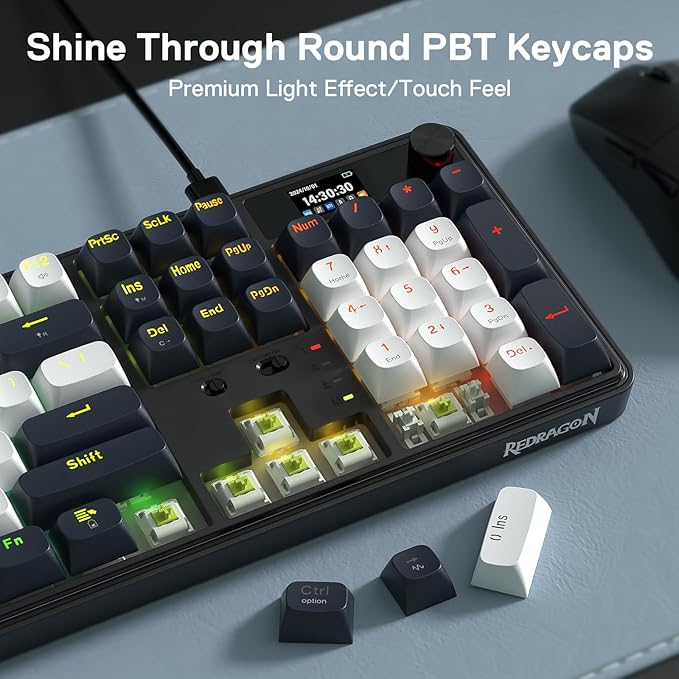 Redragon K761 Wireless Gasket Gaming Keyboard w/Hype Screen & Knob, 104 Keys Mechanical Keyboard, Easy-Control 1.14’’ TFT Info Display, 5-Layer Noise Dampening, Custom Linear Switch, Abyssal Blue