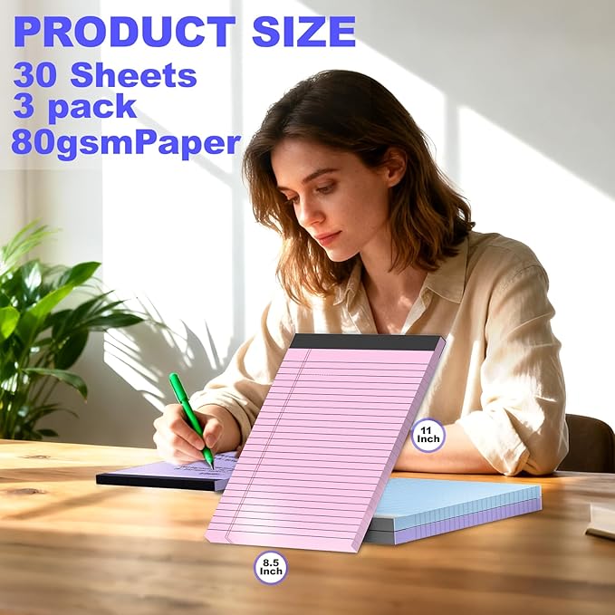 Gehanfai 3 Pack Colored Legal Pads 8.5 x 11 Inch, Wide Ruled Notepads Lined Memo Note Pads, 8.5x11 Inch Micro Perforated Writing Pads 30 Sheets Per Pad for Work Study Daily Note Taking List