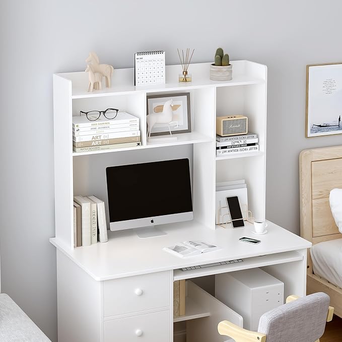 Wooden Desktop Hutch Bookshelf - Free Standing Desk Storage Shelf with Top Edge for Computer Desk, Desktop Bookcase for Dorm, Home or Office, Countertop Organizer, White, 45.3"
