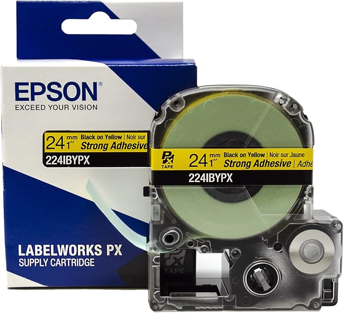 Epson LABELWORKS 224IBYPX Genuine PET (Polyester) Tape Cartridge - Black on Yellow Strong Adhesive Standard Industrial Label Maker Tape - 1" (24MM) Wide, 30'