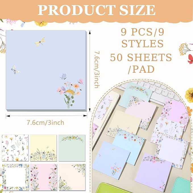 9 Pads Wildflower Sticky Notes 3x3 Inch Cute Self Stick Notepads Notes Adhesive Memo Pad Office Decor Gifts for Students School Teacher Meeting Office Supplies