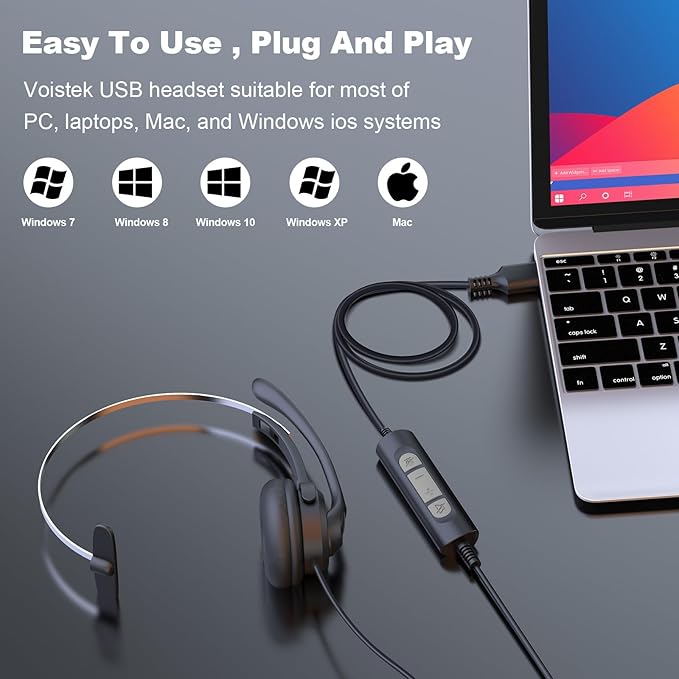 Voistek USB Headset with Microphone, Wired Computer Headset for Laptop/PC with Noise Cancelling Mic, Mono Headphones with in-Line Volume Control for Work, Office, Teams, Zoom, Skype, Online Class