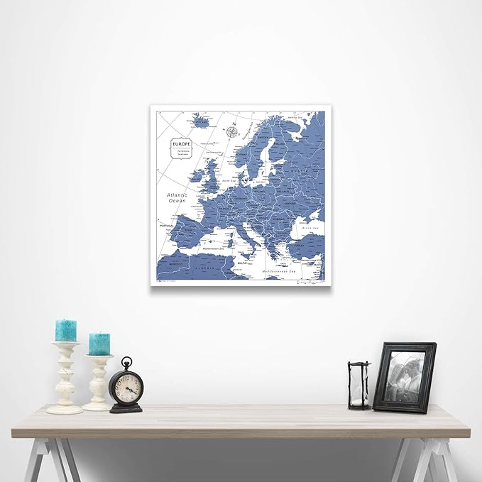 Push Pin Europe Map Board - With Push Pins to Mark Europe Travel - Handmade in Ohio, USA - Design: Navy Color Splash