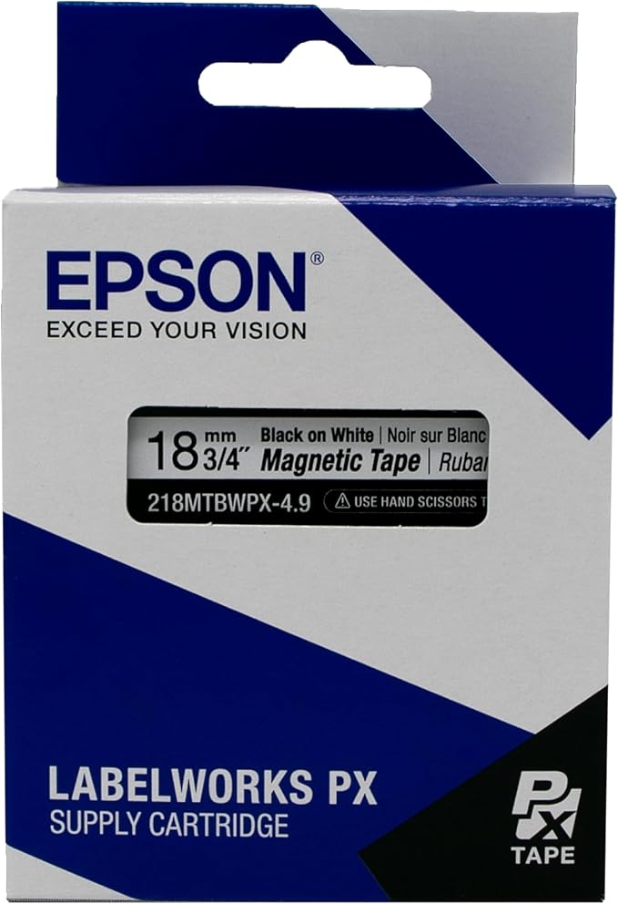 Epson LABELWORKS 218MTBWPX-4.9 Genuine Magnetic Tape Cartridge - Black on White Magnet Label Maker Tape - 3/4" (18MM) Wide, 4.9 ft, White