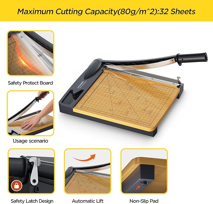 12'' Wood Guillotine Paper Cutter, Heavy Duty Wood Base Paper Trimmer with 16 Sheets Capacity Paper Cutting Board for Classroom, Crafting, Cardstock, Art Projects