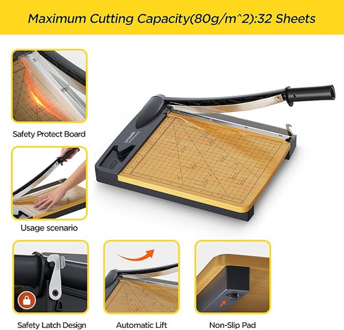 12'' Wood Guillotine Paper Cutter, Heavy Duty Wood Base Paper Trimmer with 16 Sheets Capacity Paper Cutting Board for Classroom, Crafting, Cardstock, Art Projects