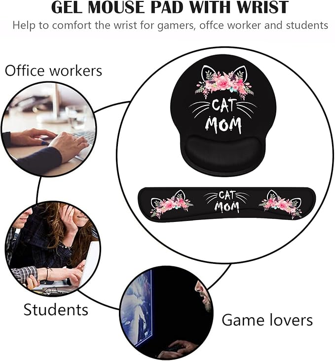 Keyboard Wrist Rest and Mouse Pad Wrist Support Set with Coasters, Non-Slip PU Base Ergonomic Gaming Mousepad for Home Office Working Studying Easy Typing & Pain Relief, Cat Mom Floral