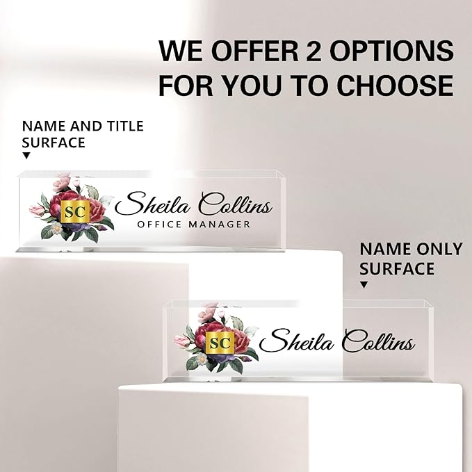 Custom Acrylic Name Plate for Desk, Employee Appreciation Gifts, Office Decor, Personalized, Funny Gifts for Coworkers, Boss, Teacher (Flower A)