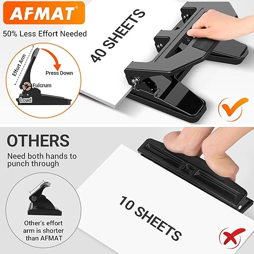 AFMAT Heavy Duty 3 Hole Puncher, 40-Sheet Paper Punch Heavy Duty, 50% Reduced Effort Three Hole Punch, 10K+ Uses, Metal Hole Puncher 3 Ring w/Large Tray, Bulit-in S.S. Paper Guide HPX2(Black)
