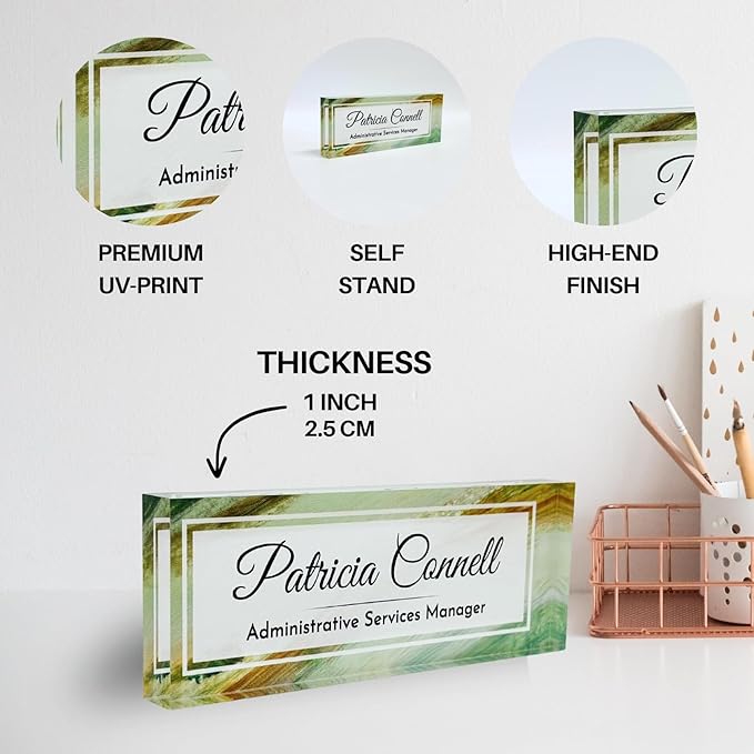 Customized Clear Acrylic Thick 8x3" Desk Name Plate Block with Personalized Logo - Professional Office Decor - Customized Acrylic Plate Gift for Teacher Co-workers, Christmas Gifts for Her, Thanksgiving Gifts (Green Wave)