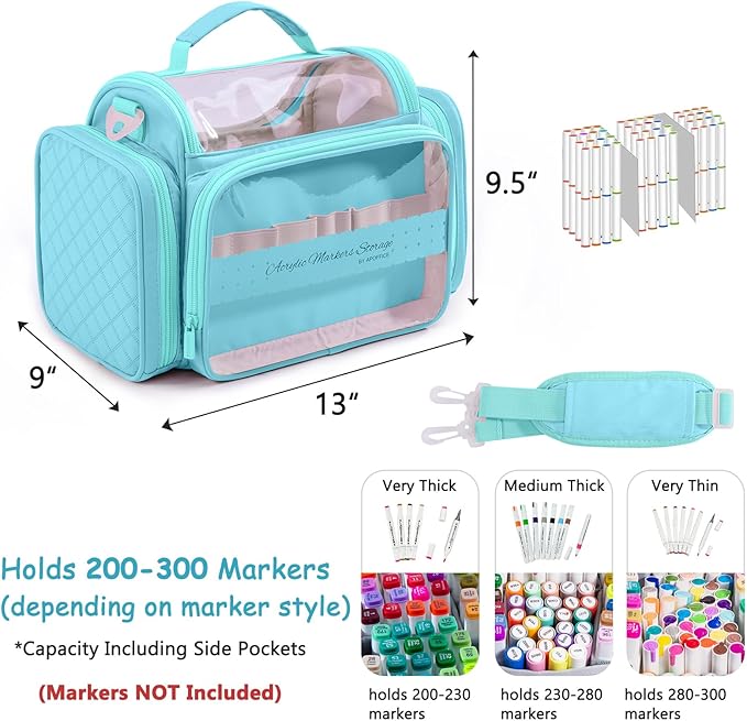 Marker Organizer Case Bag for 200-300 Markers – Large Art Supply Storage Bag with Detachable Dividers, Travel Marker Holder for Alcohol Markers, Brush Pens, Colored Pencils & Craft Supplies